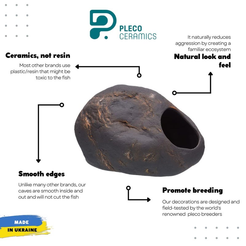 Plecoceramics زخرفة حجرية من بلاسيكوسيراميك - كهف حوض السمك للسيكلد، بيتا، والأسماك الصغيرة - ديكور مخبأ حوض السمك - منزل حجري للاختباء لأسماك البيتا (حجر ماجما كبير) - Image 3
